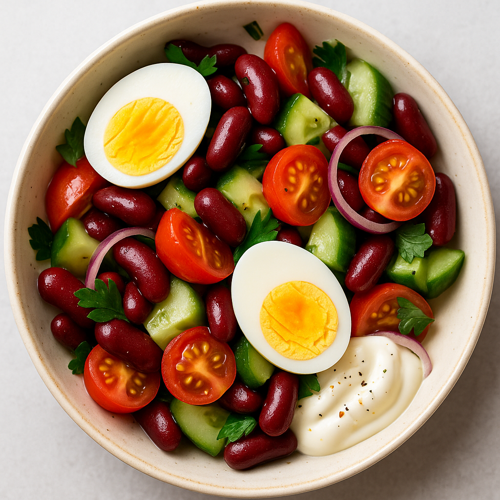 Hard-boiled egg with bean salad