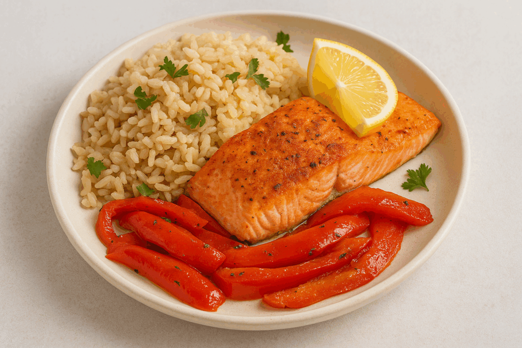 salmon and brown rice lunch