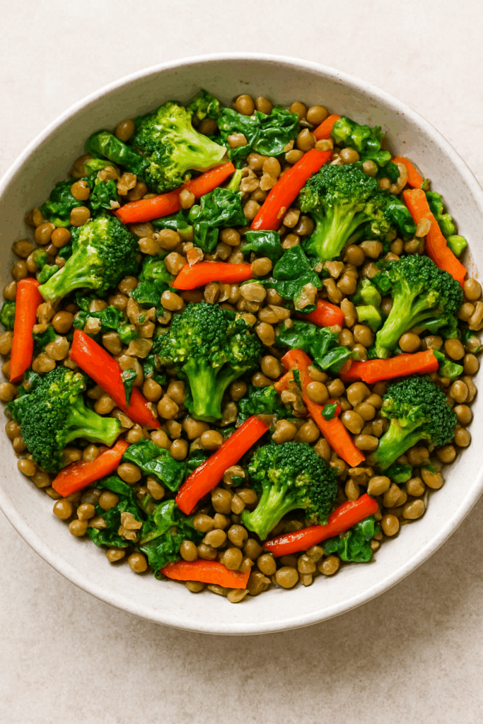 Vegan Green Lentil Stir-Fry with Kale, Broccoli, and Roasted Ginger-Garlic